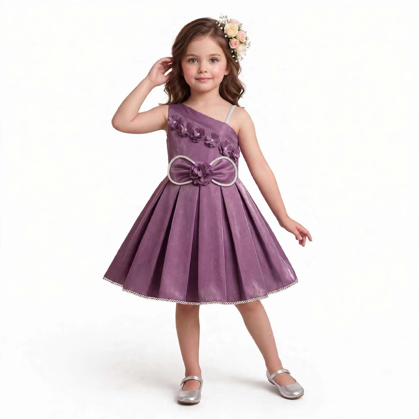 One-Shoulder Pleated Party Dress, commonly referred to in kidswear as a premium designer birthday frock or princess gown.