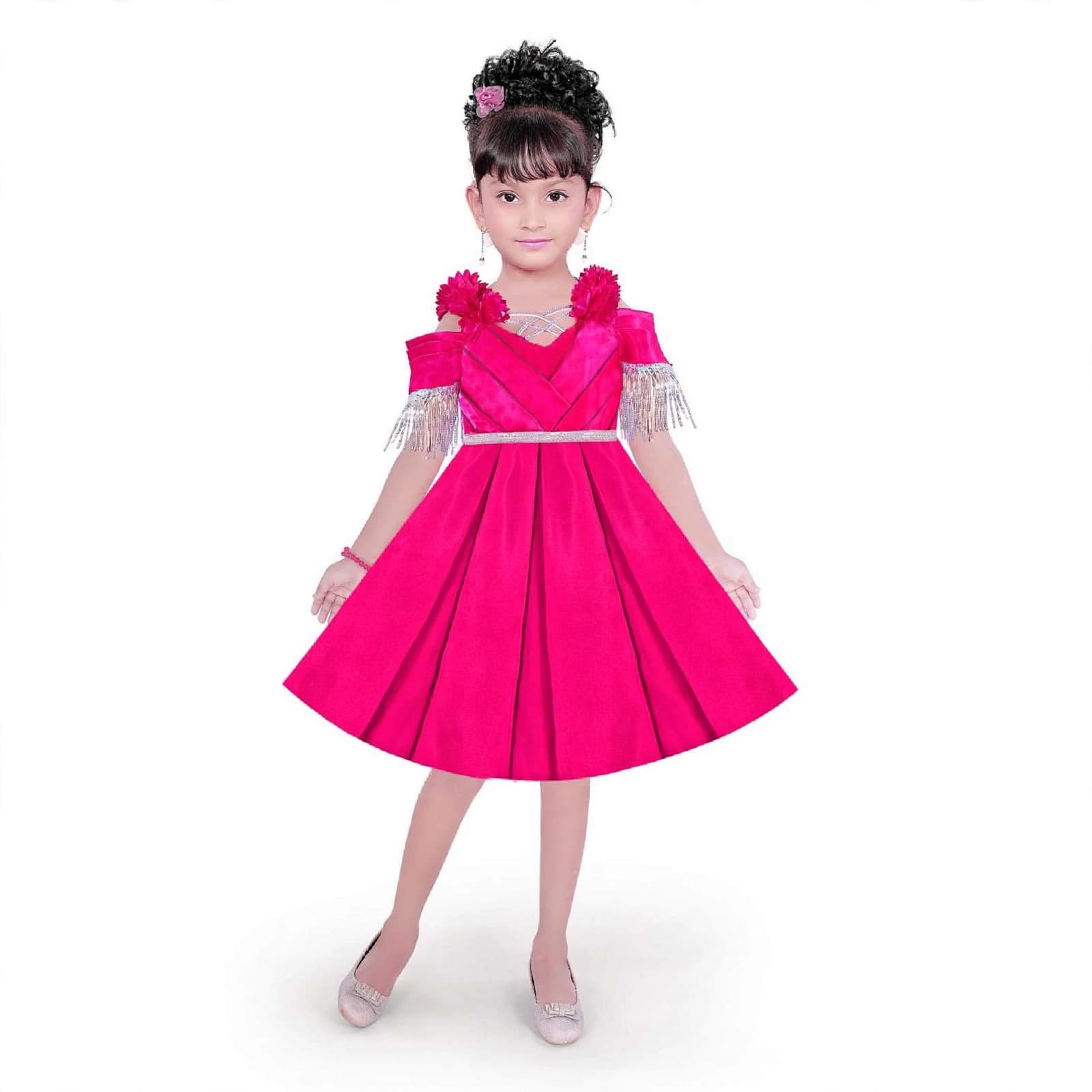 Rani Pink Pleated Off-Shoulder Party Frock for Girls.
