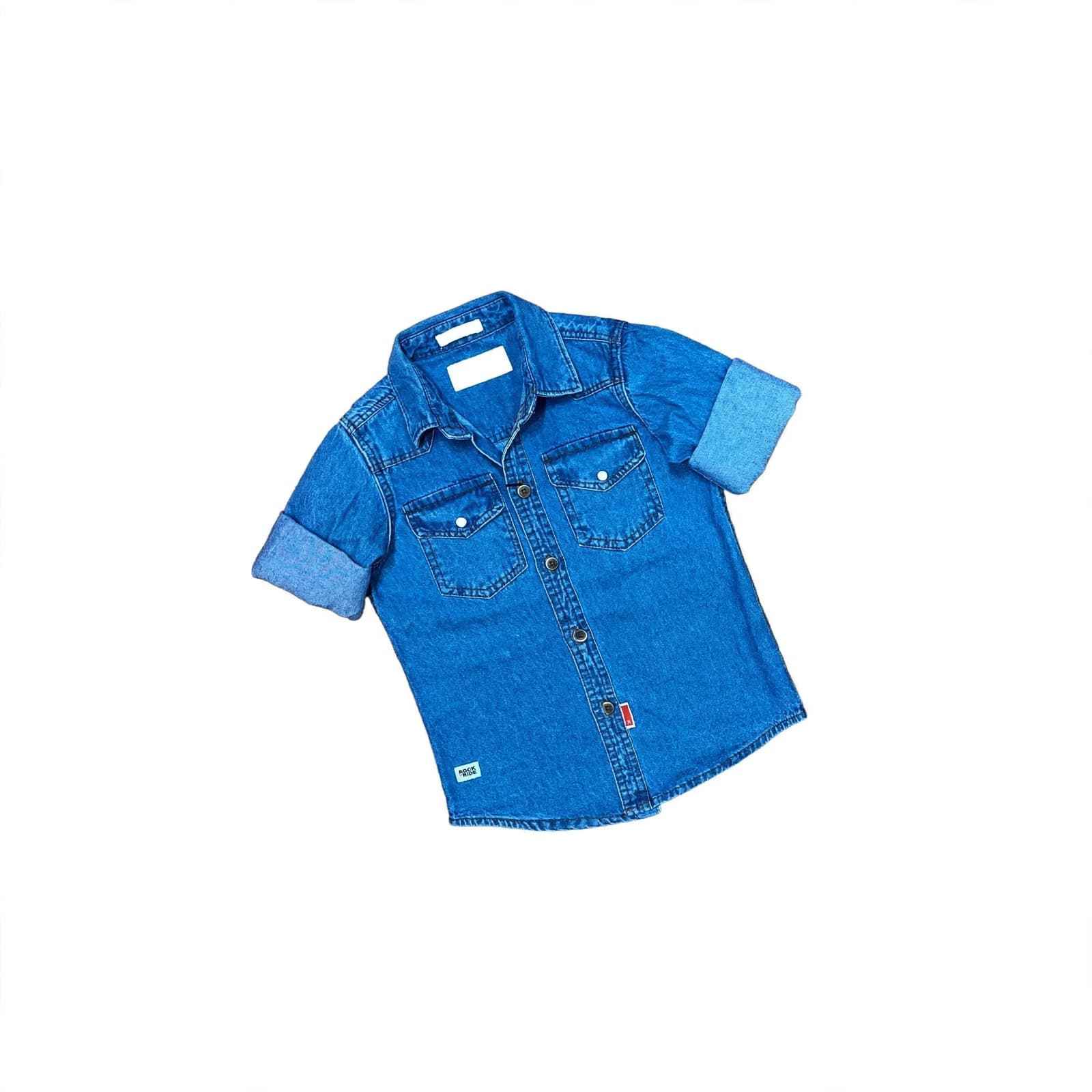 Classic boys' mid-wash blue denim shirt, designed primarily for casual children's western wear.