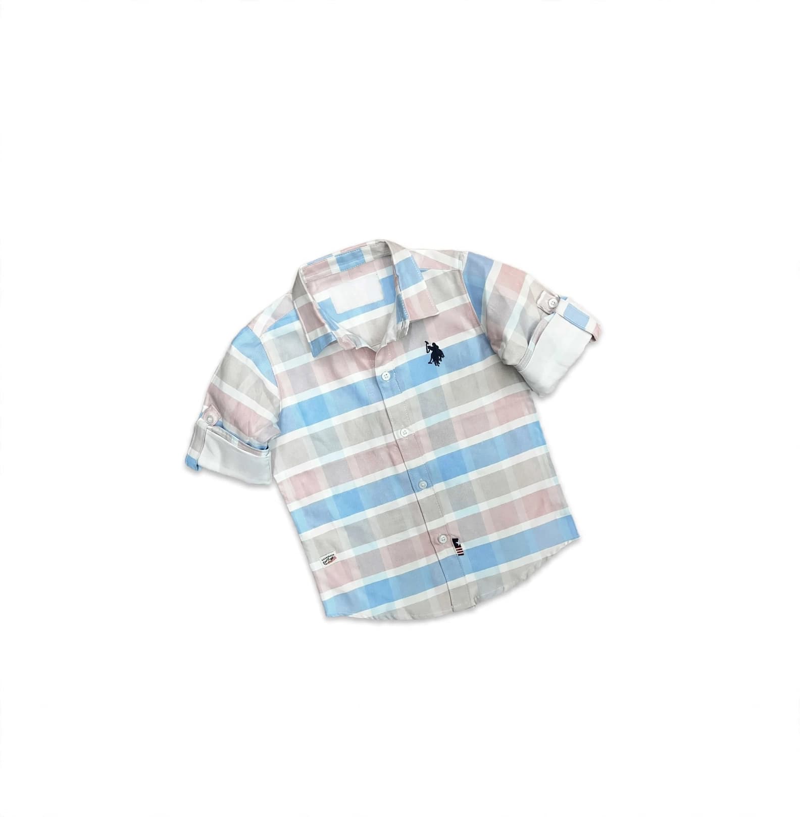 Kids casual button-up shirt designed for young boys, multi-colored pastel palette arranged in a structured grid pattern