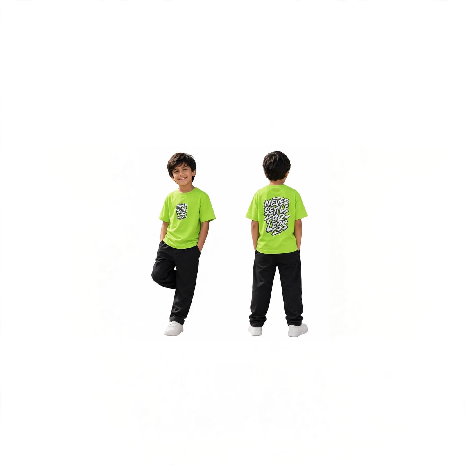 Children's neon green short-sleeve t-shirt detailed with a prominent graffiti-style graphic print.