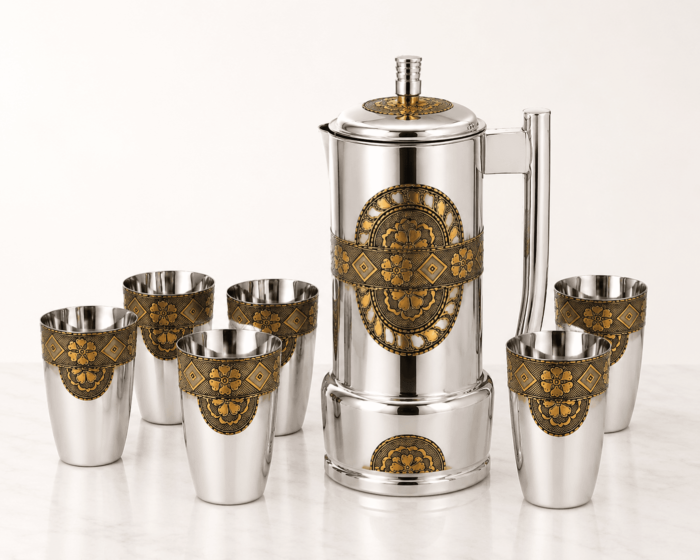 Premium Meenakari Stainless Steel Water Jug, which serves as the centerpiece of a traditional 7-piece drinkware serving set