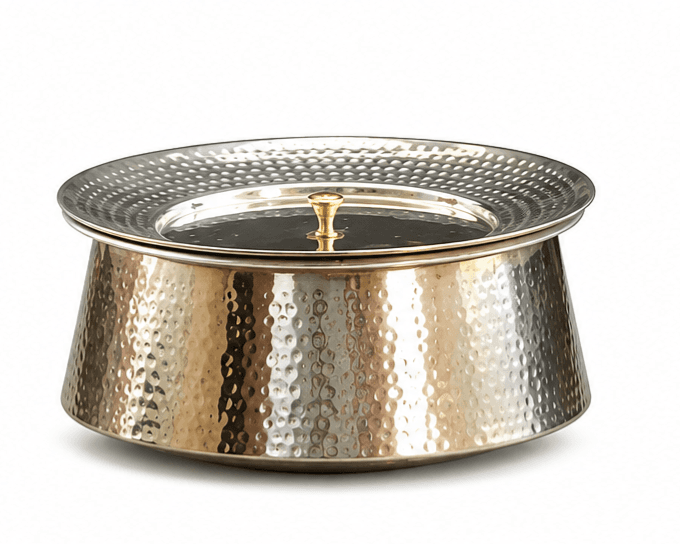 Traditional handcrafted pure brass Mughlai Handi (also known as a Lagan Handi or Degchi) equipped with a matching fitted lid