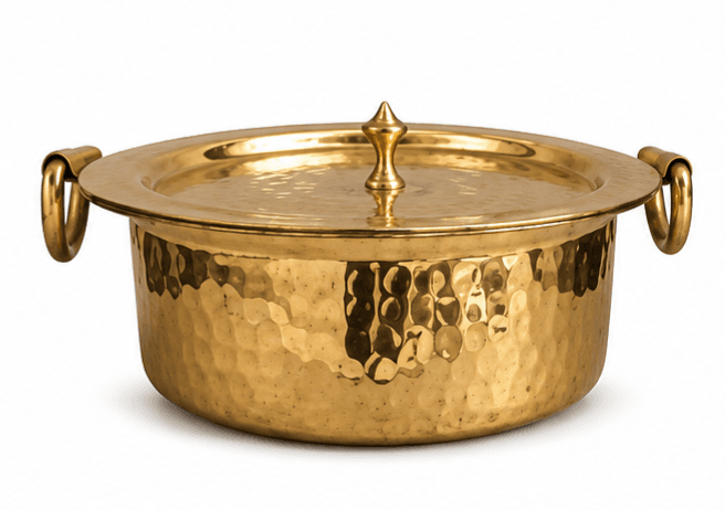 Traditional handcrafted Indian brass cooking vessel, specifically known as a Flat Bottom Lagan